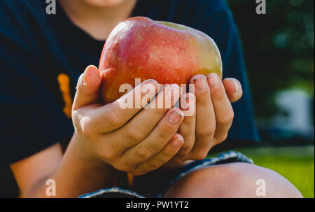 Un bambino con le mani in mano in possesso di un apple. Foto Stock