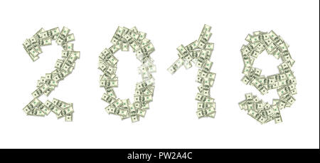 2019 scritto con 100 dollari bankntes isolati su sfondo bianco Foto Stock