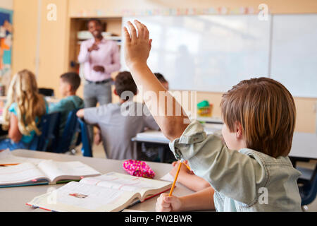 Scolaro alzando la mano per rispondere alla domanda in una classe della scuola Foto Stock