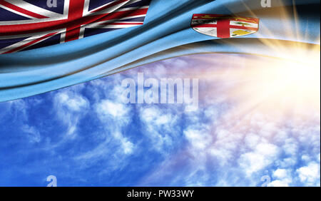Bandiera delle Isole Figi sotto i raggi del sole estivo, nel cielo, la fotografia ha un buon posto per il vostro testo. Foto Stock