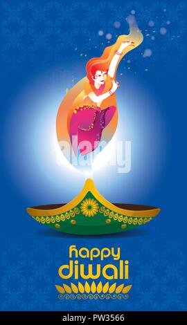 Vettore per il Deepavali o Diwali, con una danza donna, lampada a petrolio e Deepavali saluti. Illustrazione Vettoriale