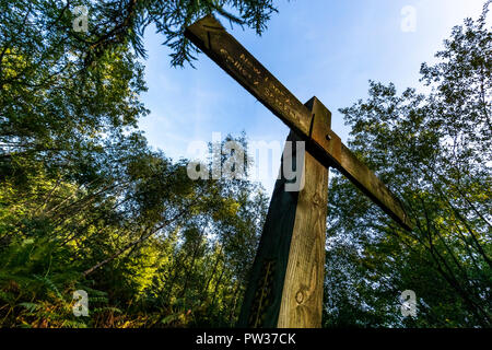 Dito di legno post per la nuova vista di fantasia e cycleway accanto alla ex ferrovia. Foresta di Dean, nel Gloucestershire. Foto Stock