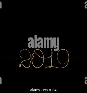 Una continua linea oro disegno 2019. Vector anno nuovo illustrazione isolati su sfondo bianco Illustrazione Vettoriale