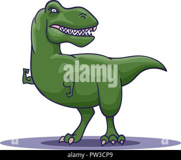 Disegnata a mano Cartoon Tyrannosaur mostra il suo bicipite. Vettore Illustrazione Vettoriale