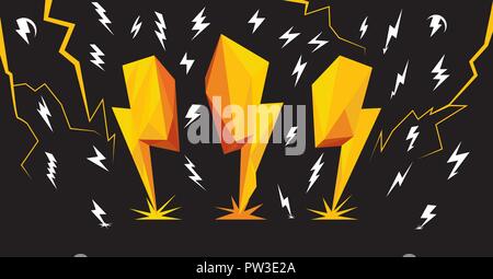 Illuminazione le viti di tensione in bianco e giallo tempesta di illuminazione bassa poli di forma triangolare bulloni elettrico nero sky energia varie icone e la grafica Illustrazione Vettoriale
