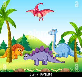 Dinosauro differenti in natura illustrazione Illustrazione Vettoriale