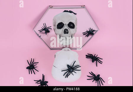 Teschio sul trendy rosa pastello sfondo. Foto Stock