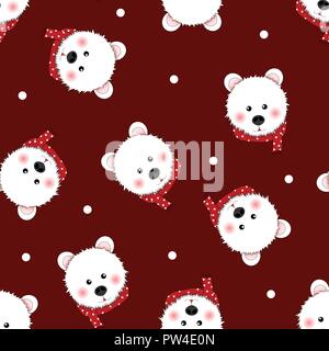 Orso bianco con sciarpa rossa Polka Dot su sfondo rosso. Illustrazione Vettoriale. Illustrazione Vettoriale