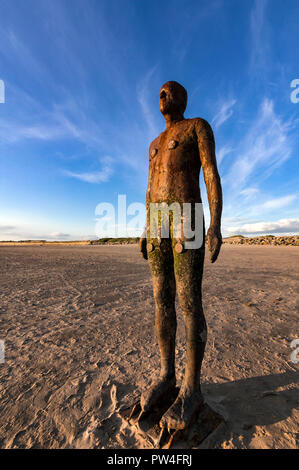 Un altro luogo di Antony Gormley Iron Man statue in Crosby Beach Liverpool Merseyside Foto Stock