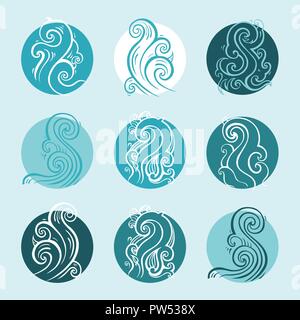 Oceano onde impostare. Mano elegante modello disegnato Illustrazione Vettoriale