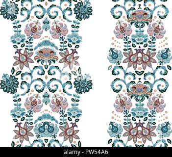 Fantastico ornamento con fiori di fantasia. Vector set di striping orientali ornamenti. Ornamento decorativo che fa da sfondo a tessuto, tessile, della carta da imballaggio. Illustrazione Vettoriale