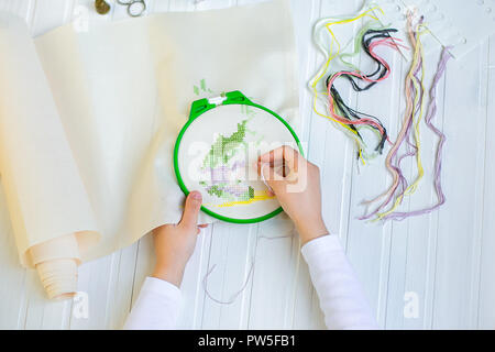 Cerchio da ricamo con tessuto bianco, colorato di fili di cucitura e vari pulsanti di cucitura. Vista da sopra. Foto Stock