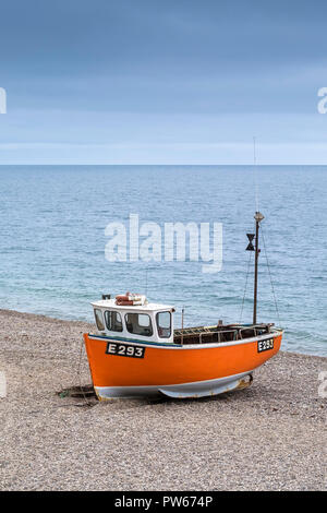 La Perla Branscombe E293 barca da pesca spiaggiata sulla spiaggia Branscomber nel Devon. Foto Stock