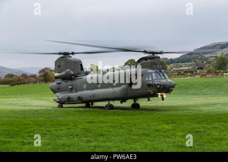 Un Royal Air Force CH-47-HC.6un elicottero Chinook ascensori in aria per tornare alla base dopo un uccello sciopero durante il basso livello di volare. Visto dal roa Foto Stock