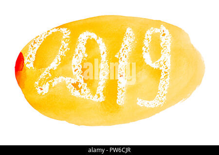 Nuovo anno 2019 - Arancione disegnato a mano scritte ad acquerello Foto Stock