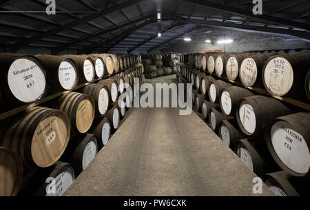 Il whisky scozzese di barili in magazzino a Edradour Distillery a Pitlochry, Scotland, Regno Unito Foto Stock