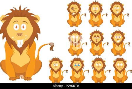 Illustrazione Vettoriale set di simpatici e divertenti cartoon poco brown wild lion con le espressioni del viso Illustrazione Vettoriale