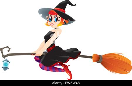 Un simpatico strega volare con la sua magia scopa. Isolato. Illustrazione Vettoriale