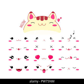 Carino gatti divertenti per impostare diverse emozioni. Kawaii style emoticon icon set con le guance rosa e baluginare gli occhi. EPS8 Foto Stock