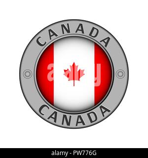 Rotondo di metallo medaglione con il nome del paese Canada e attorno alla bandiera in centro Illustrazione Vettoriale