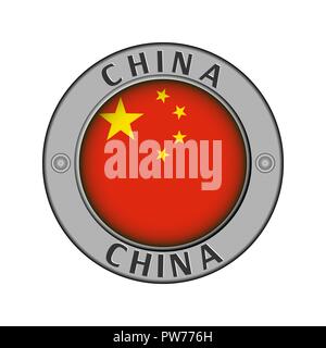 Rotondo di metallo medaglione con il nome del paese Cina e round bandiera nel centro Illustrazione Vettoriale