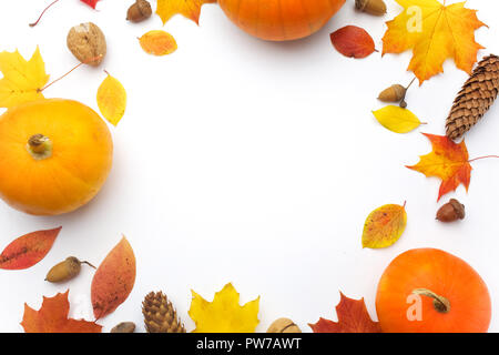 Composizione d'autunno. Zucche, foglie essiccate su sfondo bianco. Concetto di Halloween. Appartamento laici, spazio di copia Foto Stock