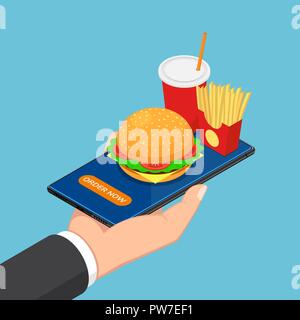 Appartamento 3D isometrica imprenditore mano azienda smartphone con fast food, hamburger, patatine fritte e una bevanda. Online la consegna di cibo concetto. Illustrazione Vettoriale