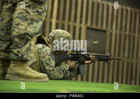 Stati Uniti Marine Corps Lance Cpl. Emmanuel Callender, una somministrazione di alimentazione funzionamento clerk, spara un M16 fucile durante esercizio Kamoshika ira in Haramura area di manovra, Giappone, Ottobre 2, 2017. L'esercizio consente di Marines alla missione di prova le prestazioni e soddisfare le esigenze di formazione mediante il loro inserimento in scenari reali. Marines shot tre giri a loro bersagli per la battaglia di vista zero i loro fucili. Foto Stock