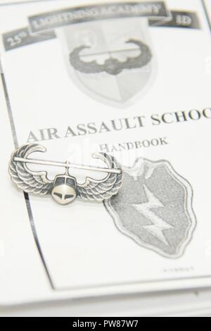 Membri del 403delle forze di sicurezza Squadron mostrare il loro nuovo Air Assault badge dopo aver completato la U.S. Army Air Assault Scuola sett. 26, 2017 a Keesler Air Force Base, Mississippi. Foto Stock