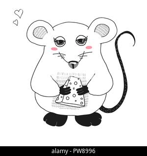 Schizzo cartoon mouse. Isolato di ratto su sfondo bianco. Vettore Illustrazione Vettoriale