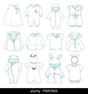 Insieme di diversi abbigliamento per bambini. Può essere utilizzato come i vestiti per le bambole di carta. Illustrazione Vettoriale nel disegno stile. Illustrazione Vettoriale