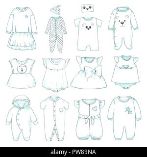 Insieme di diversi abbigliamento per bambini. Può essere utilizzato come i vestiti per le bambole di carta. Illustrazione Vettoriale nel disegno stile. Illustrazione Vettoriale