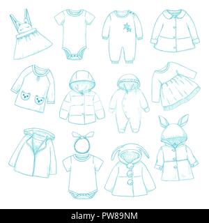 Insieme di diversi abbigliamento per bambini. Può essere utilizzato come i vestiti per le bambole di carta. Illustrazione Vettoriale nel disegno stile. Illustrazione Vettoriale