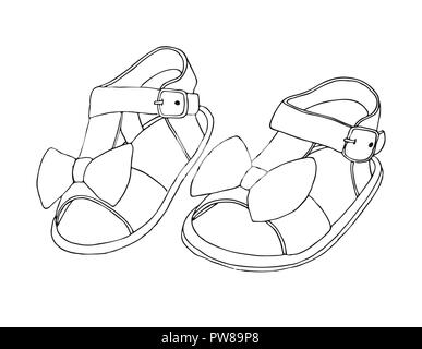 Schizzo di bambini sandali per le ragazze. Illustrazione Vettoriale. Illustrazione Vettoriale
