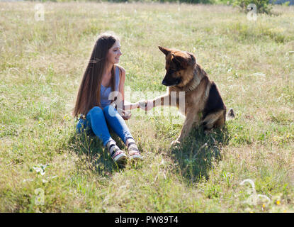 La donna gioca con il cane pastore tedesco quando formazione 1 Foto Stock