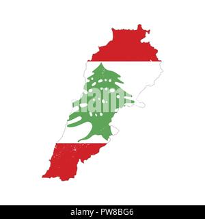 Il Libano silhouette di paese con bandiera su sfondo, isolato su bianco Illustrazione Vettoriale