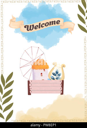 Grecia Mill Card. Macinacaffè clip art. Illustrazione a colori e oliva su sfondo wihte. Celebrazione dimensioni Foto Stock