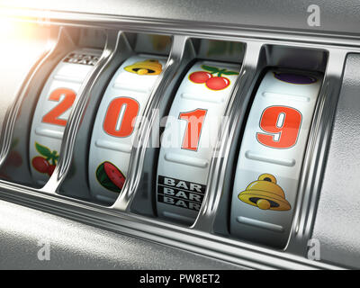 Felice Anno Nuovo 2019 nel casinò. Slot machine con jackpot numero 2019. 3d illustrazione Foto Stock