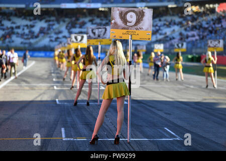 Hockenheim, Deutschland. Xiii oct, 2018. Gridgirls sono in posa. Fia Formula 3 Campionati Europei, Formula 3, all'Hockenheimring su 13.10.2018. | Utilizzo di credito in tutto il mondo: dpa/Alamy Live News Foto Stock