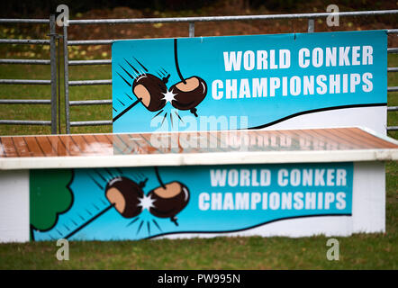 Southwick, UK. Il 14 ottobre 2018. Un giorno di gran pioggia a Southwick, East Midlands, Inghilterra, 14 ottobre 2018, per il 2018 world conker Championships. Credito: Michael Foley/Alamy Live News Foto Stock