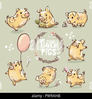 Set di carino piccolo maiale giallo in diverse pose. Salvadanaio di ballo, suino con il palloncino. Anno nuovo simbolo del calendario cinese. L'anno del maiale. Illustrazione Vettoriale