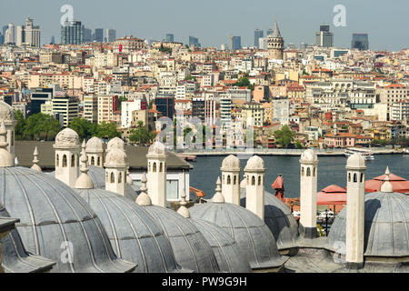 Camini in Pietra di edifici a cupola con il Bosforo e Torre Galata in background, Turchia Foto Stock