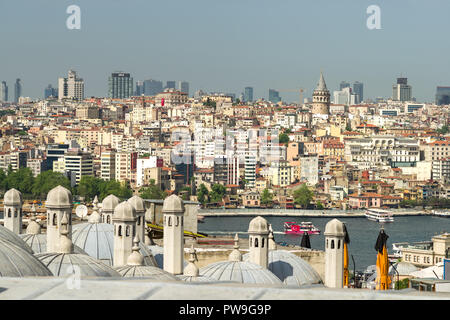 Camini in Pietra di edifici a cupola con il Bosforo e Torre Galata in background, Turchia Foto Stock