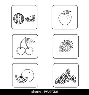 Una serie di semplici in bianco e nero di modelli le icone dei diversi tipi di frutta. Illustrazione Vettoriale