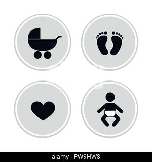 Baby icone impronta di piedi di cuore e passeggino illustrazione vettoriale Illustrazione Vettoriale