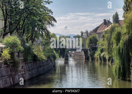 Lubiana centro città con canali e Waterfront, Slovenia Foto Stock