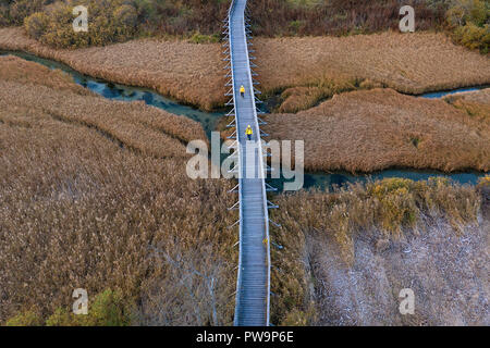 Piedi in legno percorso sopra reed a secco sul marsh, madre e figlio in giacche gialle attraversando a piedi il ponte, vista aerea shot Foto Stock