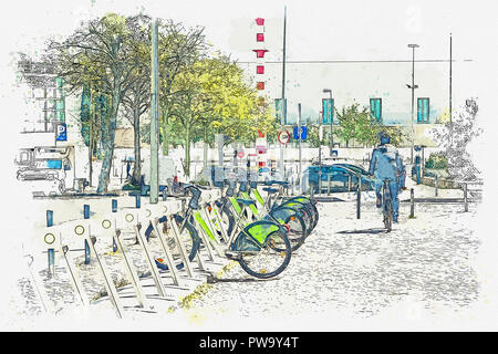 Un disegno ad acquerello o un'immagine. Street bike a noleggio a Lisbona in Portogallo. L'uomo noleggiato una bicicletta e ha spinto fuori. Foto Stock