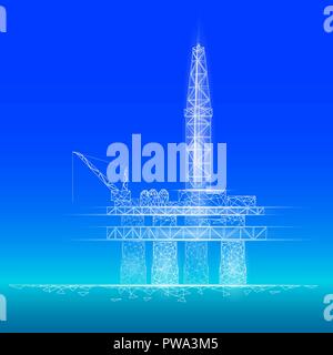 Oceano gas olio impianto di perforazione a bassa poli concetto aziendale. Economia finanza poligonale la produzione di benzina. Combustibile di petrolio dell'industria di estrazione offshore derricks linea a punti di collegamento blu illustrazione vettoriale Illustrazione Vettoriale