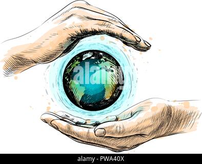 Massa tra le mani che rappresenta la conservazione dell'ambiente, disegnata a mano Illustrazione Vettoriale